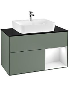 Villeroy und Boch Finion Villeroy und Boch G122GFGM 100cm, plaque de finition noir mat, Emotion, étagère à droite Laque blanc brillant, Olive Matt Lacquer