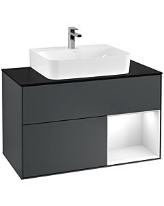 Villeroy und Boch Finion Waschtischunterschrank G122GFHG 100cm, Abdeckplatte black matt, Emotion, Regal rechts Glossy white lacquer, Midnight Blue Matt Lacquer