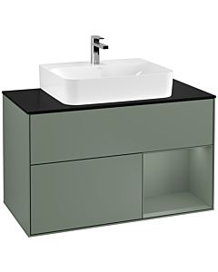 Villeroy und Boch Finion Waschtischunterschrank G122GMGM 100cm, Abdeckplatte black matt, Emotion, Regal rechts Olive Matt Lacquer, Olive Matt Lacquer