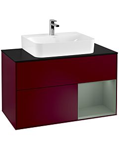 Villeroy und Boch Finion Waschtischunterschrank G122GMHB 100cm, Abdeckplatte black matt, Emotion, Regal rechts Olive Matt Lacquer, Peony Matt