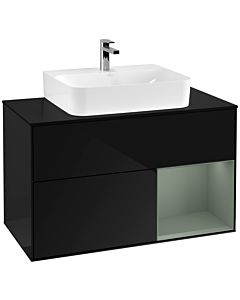 Villeroy und Boch Finion Waschtischunterschrank G122GMPH 100cm, Abdeckplatte black matt, Emotion, Regal rechts Olive Matt Lacquer, Glossy Black Lacquer