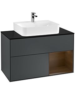 Villeroy und Boch Finion Waschtischunterschrank G122GNHG 100cm, Abdeckplatte black matt, Emotion, Regal rechts Walnut veneer, Midnight Blue Matt Lacquer