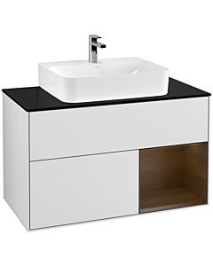 Villeroy und Boch Finion Waschtischunterschrank G122GNMT 100cm, Abdeckplatte black matt, Emotion, Regal rechts Walnut veneer, White matt lacquer