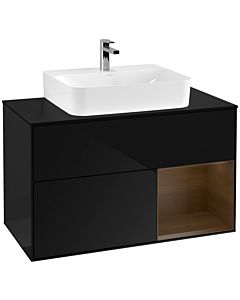 Villeroy und Boch Finion Waschtischunterschrank G122GNPH 100cm, Abdeckplatte black matt, Emotion, Regal rechts Walnut veneer, Glossy Black Lacquer