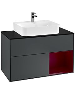 Villeroy und Boch Finion Waschtischunterschrank G122HBHG 100cm, Abdeckplatte black matt, Emotion, Regal rechts Peony, Midnight Blue Matt Lacquer