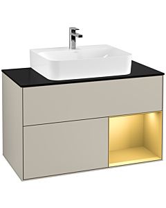 Villeroy und Boch Finion Waschtischunterschrank G122HFHH 100cm, Abdeckplatte black matt, Emotion, Regal rechts Gold matt, Sand Matt Lacquer
