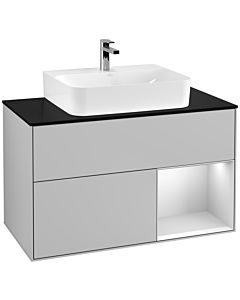 Villeroy und Boch Finion Waschtischunterschrank G122MTGJ 100cm, Abdeckplatte black matt, Emotion, Regal rechts White matt lacquer, Light grey matt