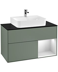 Villeroy und Boch Finion Waschtischunterschrank G122MTGM 100cm, Abdeckplatte black matt, Emotion, Regal rechts White matt lacquer, Olive Matt Lacquer