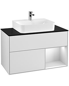 Villeroy und Boch Finion Waschtischunterschrank G122MTMT 100cm, Abdeckplatte black matt, Emotion, Regal rechts White matt lacquer, White matt lacquer