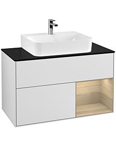 Villeroy und Boch Finion Waschtischunterschrank G122PCMT 100cm, Abdeckplatte black matt, Emotion, Regal rechts Oak Veneer, White matt lacquer
