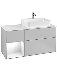 Villeroy und Boch Finion Villeroy und Boch G141GFGJ 120cm, plaque de recouvrement blanc mat, Emotion, étagère gauche laqué blanc brillant, gris clair mat