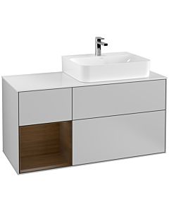 Villeroy und Boch Finion Waschtischunterschrank G141GNGJ 120cm, Abdeckplatte white matt, Emotion, Regal links Walnut veneer, Light grey matt