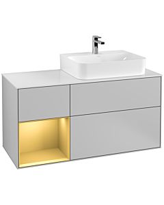 Villeroy und Boch Finion Waschtischunterschrank G141HFGJ 120cm, Abdeckplatte white matt, Emotion, Regal links Gold matt, Light grey matt