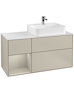 Villeroy und Boch Finion Waschtischunterschrank G141HHHH 120cm, Abdeckplatte white matt, Emotion, Regal links Sand Matt Lacquer, Sand Matt Lacquer