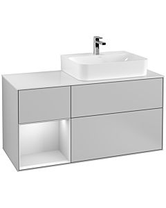 Villeroy und Boch Finion Villeroy und Boch G141MTGJ 120cm, plaque de recouvrement blanc mat, Emotion, étagère gauche laqué blanc mat, gris clair mat