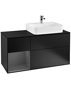 Villeroy und Boch Finion Waschtischunterschrank G142GKPD 120cm, Abdeckplatte black matt, Emotion, Regal links Anthracite matt, Black matt lacquer