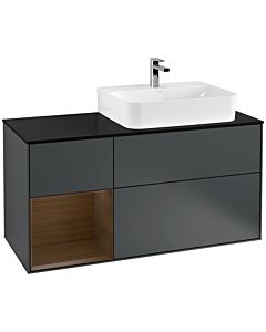 Villeroy und Boch Finion Waschtischunterschrank G142GNHG 120cm, Abdeckplatte black matt, Emotion, Regal links Walnut veneer, Midnight Blue Matt Lacquer