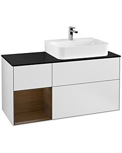 Villeroy und Boch Finion Waschtischunterschrank G142GNMT 120cm, Abdeckplatte black matt, Emotion, Regal links Walnut veneer, White matt lacquer