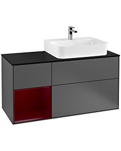 Villeroy und Boch Finion Waschtischunterschrank G142HBGK 120cm, Abdeckplatte black matt, Emotion, Regal links Peony, Anthracite matt