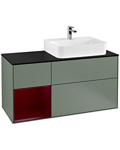 Villeroy und Boch Finion Waschtischunterschrank G142HBGM 120cm, Abdeckplatte black matt, Emotion, Regal links Peony, Olive Matt Lacquer