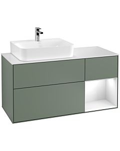 Villeroy und Boch Finion Villeroy und Boch G151GFGM 120cm, plaque de finition blanc mat, Emotion, étagère gauche laqué blanc brillant, Olive Matt Lacquer