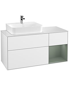 Villeroy und Boch Finion Waschtischunterschrank G151GMGF 120cm, Abdeckplatte white matt, Emotion, Regal links Olive Matt Lacquer, Glossy white lacquer