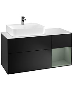 Villeroy und Boch Finion Waschtischunterschrank G151GMPD 120cm, Abdeckplatte white matt, Emotion, Regal links Olive Matt Lacquer, Black matt lacquer