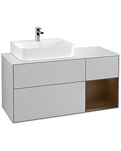 Villeroy und Boch Finion Waschtischunterschrank G151GNGJ 120cm, Abdeckplatte white matt, Emotion, Regal links Walnut veneer, Light grey matt