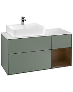 Villeroy und Boch Finion Waschtischunterschrank G151GNGM 120cm, Abdeckplatte white matt, Emotion, Regal links Walnut veneer, Olive Matt Lacquer