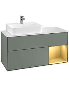 Villeroy und Boch Finion Waschtischunterschrank G151HFGM 120cm, Abdeckplatte white matt, Emotion, Regal links Gold matt, Olive Matt Lacquer