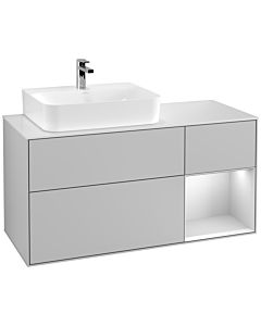 Villeroy und Boch Finion Waschtischunterschrank G151MTGJ 120cm, Abdeckplatte white matt, Emotion, Regal links White matt lacquer, Light grey matt