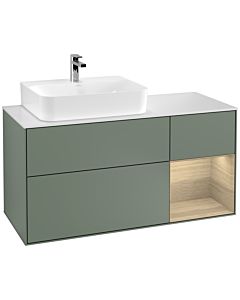 Villeroy und Boch Finion Waschtischunterschrank G151PCGM 120cm, Abdeckplatte white matt, Emotion, Regal links Oak Veneer, Olive Matt Lacquer