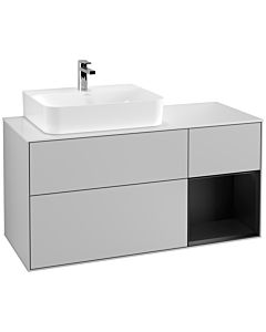 Villeroy und Boch Finion Villeroy und Boch G151PDGJ 120cm, plaque de recouvrement blanc mat, Emotion, étagère gauche laqué noir mat, gris clair mat