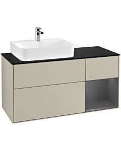 Villeroy und Boch Finion Waschtischunterschrank G152GKHH 120cm, Abdeckplatte black matt, Emotion, Regal links Anthracite matt, Sand Matt Lacquer