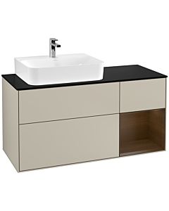 Villeroy und Boch Finion Waschtischunterschrank G152GNHH 120cm, Abdeckplatte black matt, Emotion, Regal links Walnut veneer, Sand Matt Lacquer