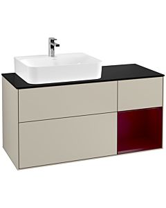 Villeroy und Boch Finion Waschtischunterschrank G152HBHH 120cm, Abdeckplatte black matt, Emotion, Regal links Peony, Sand Matt Lacquer