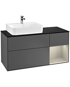 Villeroy und Boch Finion Waschtischunterschrank G152HHGK 120cm, Abdeckplatte black matt, Emotion, Regal links Sand Matt Lacquer, Anthracite matt