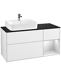 Villeroy und Boch Finion Waschtischunterschrank G152MTGF 120cm, Abdeckplatte black matt, Emotion, Regal links White matt lacquer, Glossy white lacquer
