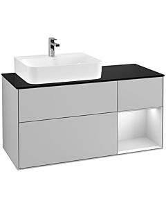 Villeroy und Boch Finion Waschtischunterschrank G152MTGJ 120cm, Abdeckplatte black matt, Emotion, Regal links White matt lacquer, Light grey matt