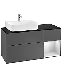 Villeroy und Boch Finion Waschtischunterschrank G152MTGK 120cm, Abdeckplatte black matt, Emotion, Regal links White matt lacquer, Anthracite matt