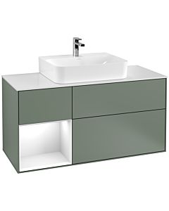 Villeroy und Boch Finion Waschtischunterschrank G161GFGM 120cm, Abdeckplatte white matt, Emotion, Regal links Glossy white lacquer, Olive Matt Lacquer