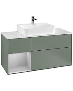 Villeroy und Boch Finion Waschtischunterschrank G161GJGM 120cm, Abdeckplatte white matt, Emotion, Regal links Light grey matt, Olive Matt Lacquer