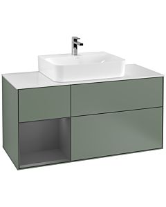 Villeroy und Boch Finion Waschtischunterschrank G161GKGM 120cm, Abdeckplatte white matt, Emotion, Regal links Anthracite matt, Olive Matt Lacquer