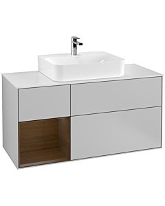 Villeroy und Boch Finion Waschtischunterschrank G161GNGJ 120cm, Abdeckplatte white matt, Emotion, Regal links Walnut veneer, Light grey matt