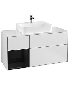 Villeroy und Boch Finion Waschtischunterschrank G161PHMT 120cm, Abdeckplatte white matt, Emotion, Regal links Glossy Black Lacquer, White matt lacquer