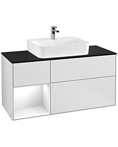 Villeroy und Boch Finion Waschtischunterschrank G162GFMT 120cm, Abdeckplatte black matt, Emotion, Regal links Glossy white lacquer, White matt lacquer
