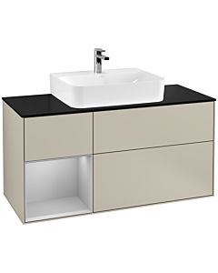 Villeroy und Boch Finion Waschtischunterschrank G162GJHH 120cm, Abdeckplatte black matt, Emotion, Regal links Light grey matt, Sand Matt Lacquer