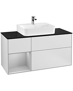 Villeroy und Boch Finion Waschtischunterschrank G162GJMT 120cm, Abdeckplatte black matt, Emotion, Regal links Light grey matt, White matt lacquer