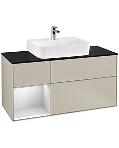 Villeroy und Boch Finion Waschtischunterschrank G162MTHH 120cm, Abdeckplatte black matt, Emotion, Regal links White matt lacquer, Sand Matt Lacquer