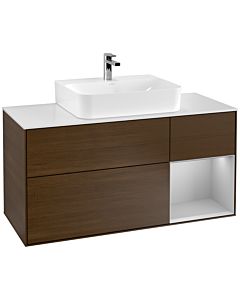 Villeroy und Boch Finion Waschtischunterschrank G171GJGN 120cm, Abdeckplatte white matt, Emotion, Regal rechts Light grey matt, Walnut veneer